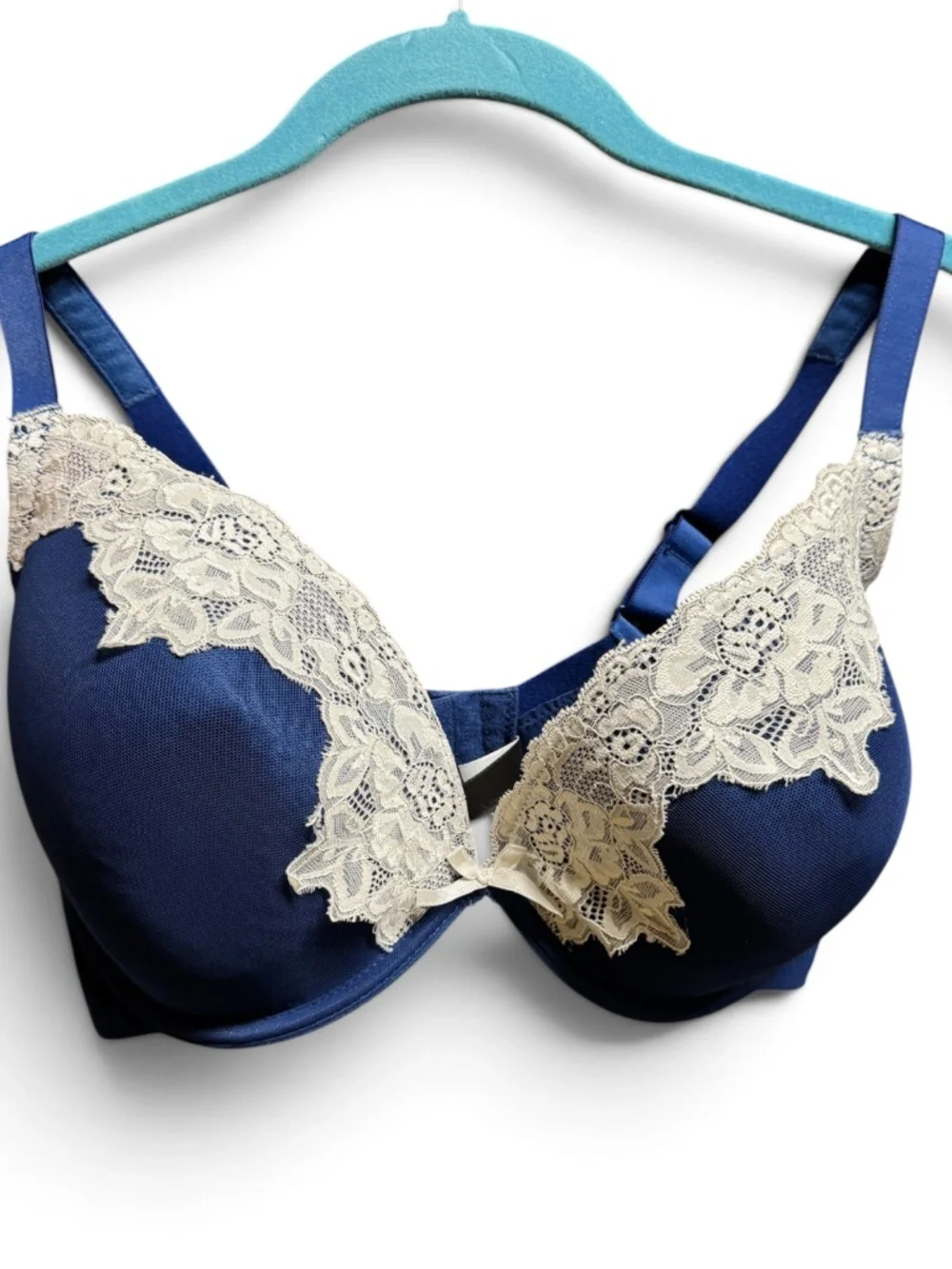 Honey B 36G Blue Lace Underwire Plunge Bra Padded Shoulder Straps